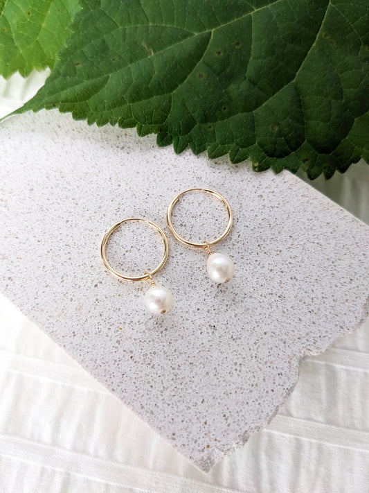Anneaux d'oreilles gold filled 14k, pendentif perle d'eau douce