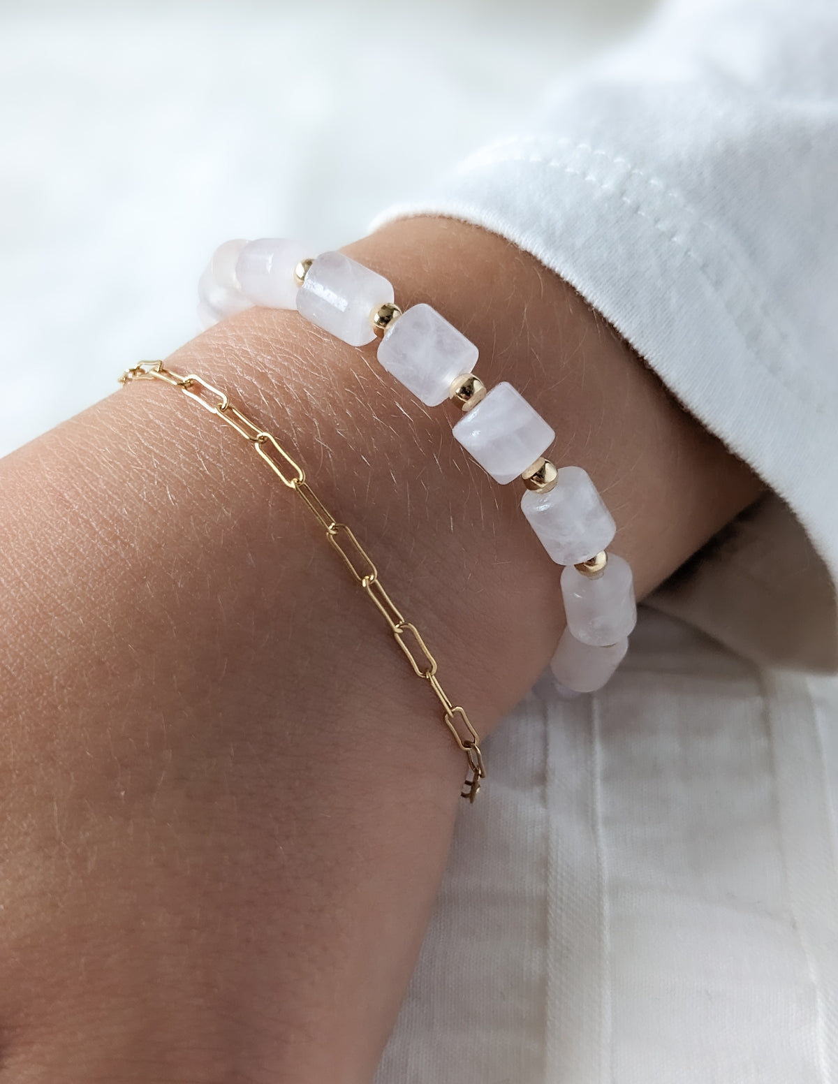 Bracelet paperclip, enfants, gold filled 14k, quartz rose, Apparat Atelier